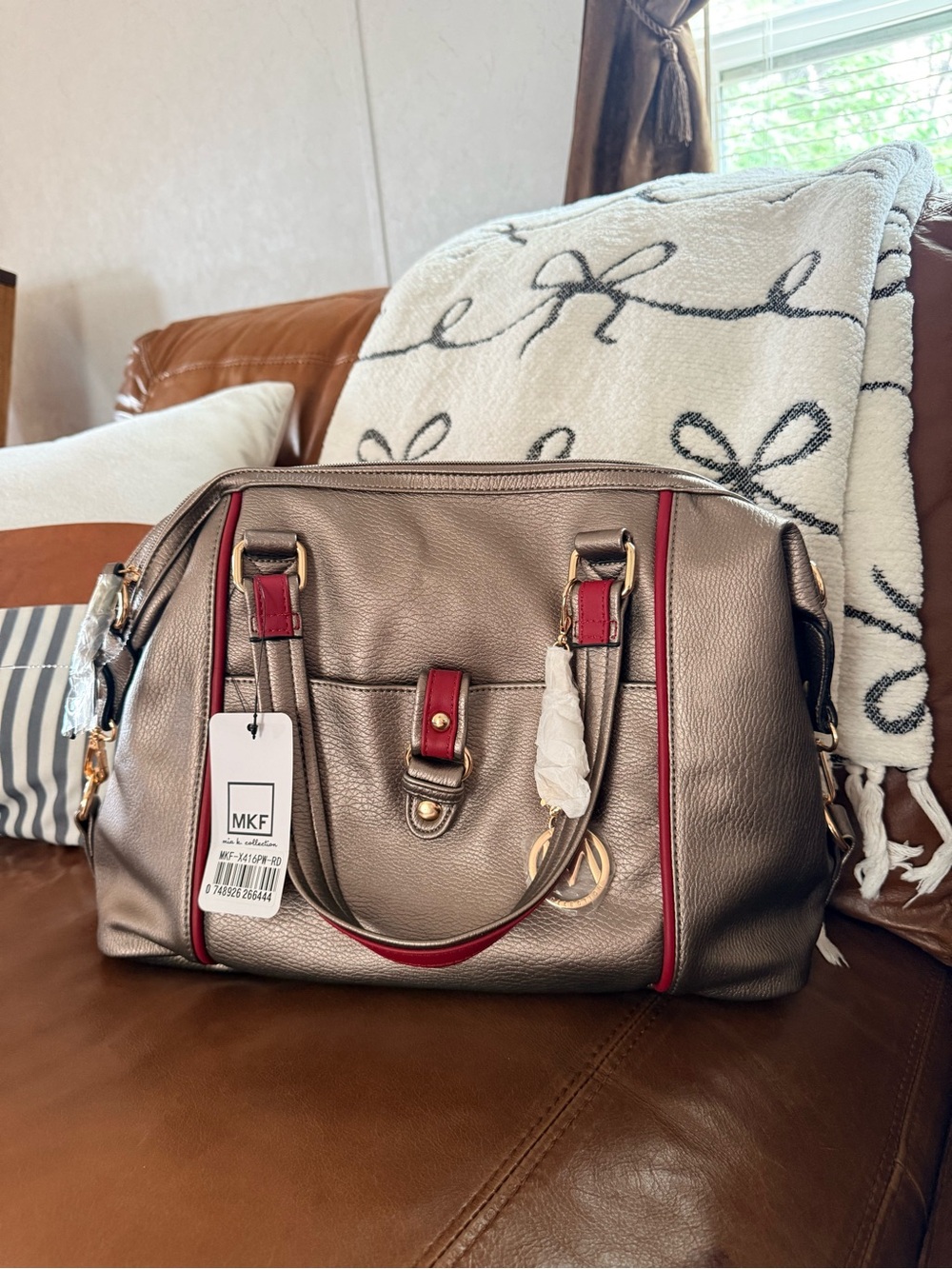 MKF Metallic Taupe Satchel with Red Trim